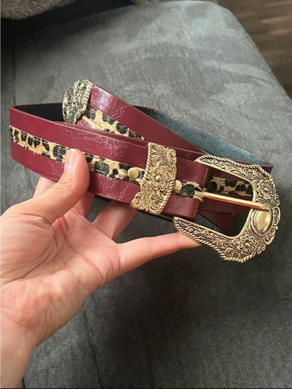Women's Burgundy Leather Belt with Leopard Trim and Ornate Gold Buckle